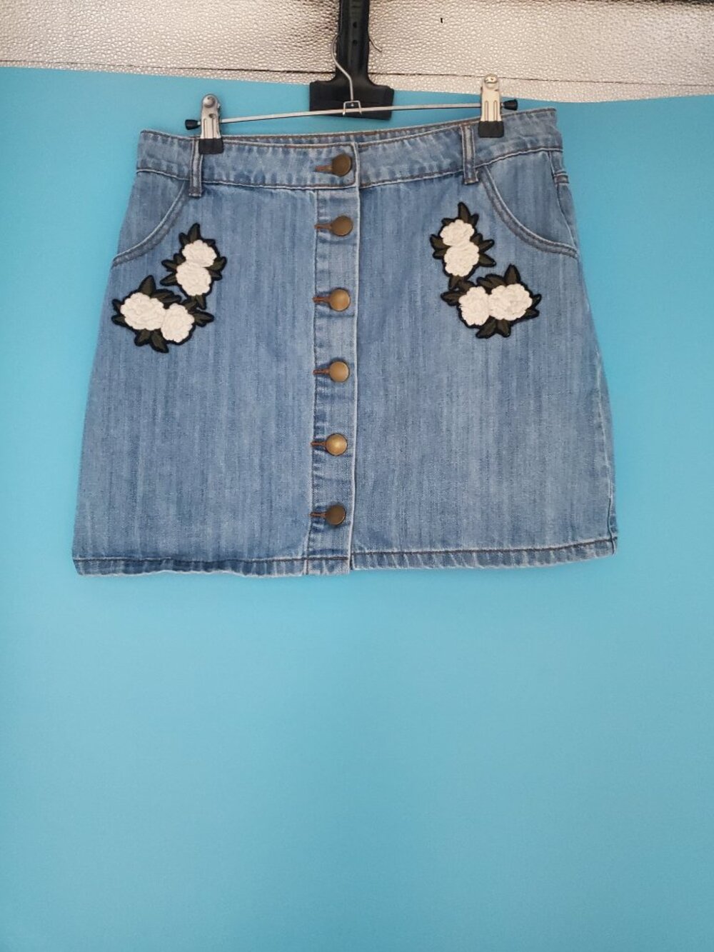 Forever 21 Denim Skirt Size Large Mini Button Up Floral